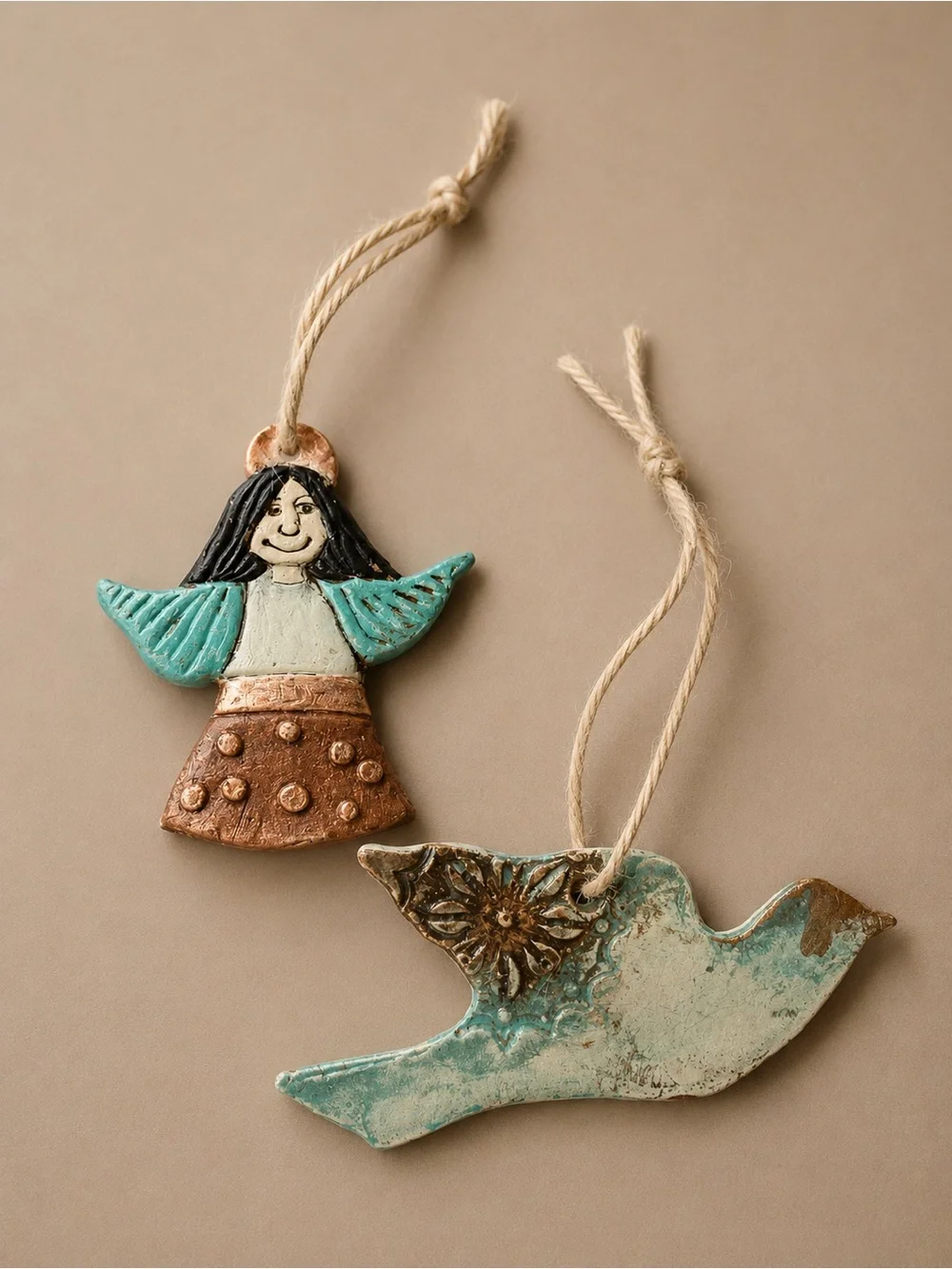 Handcrafted Ceramic Angel & Bird Holiday Ornaments - Turquoise/Bronze